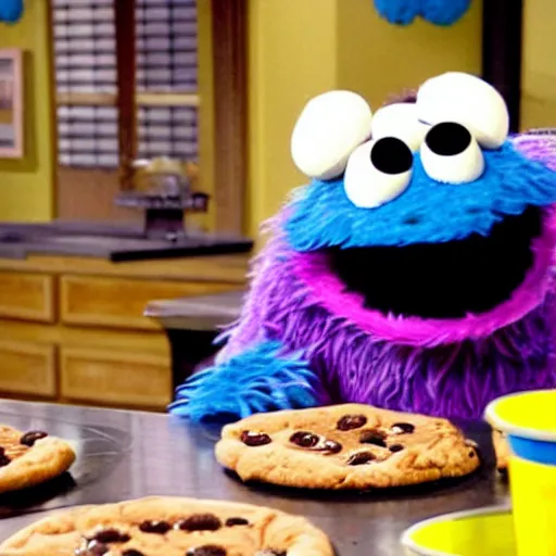 Image similar to Cookie Monster Muppet on Sesame Street eating pizza in secret, happy