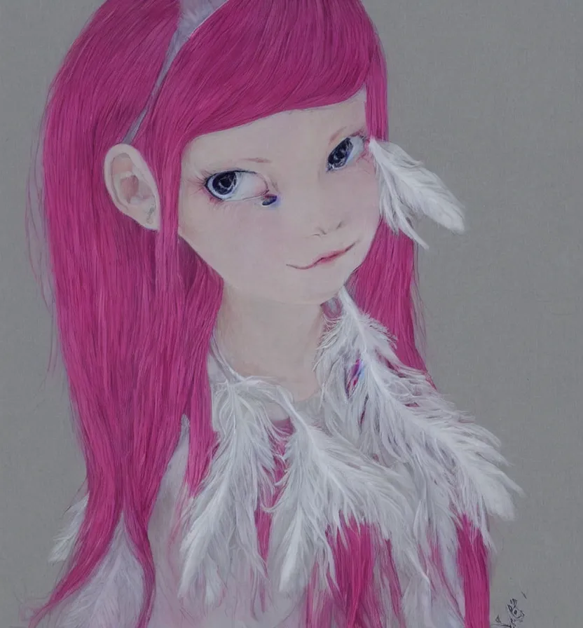 Image similar to little girl with eccentric pink hair wearing a dress made of white feather, art by dcwj