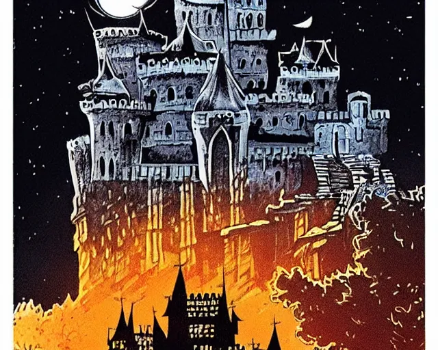 Prompt: dracula's castle rising up from the mist at night silhouetted by a single huge bloodmoon by dc comics and sandra chevrier, stunning, comic, pen and ink, slash page, highly detailed