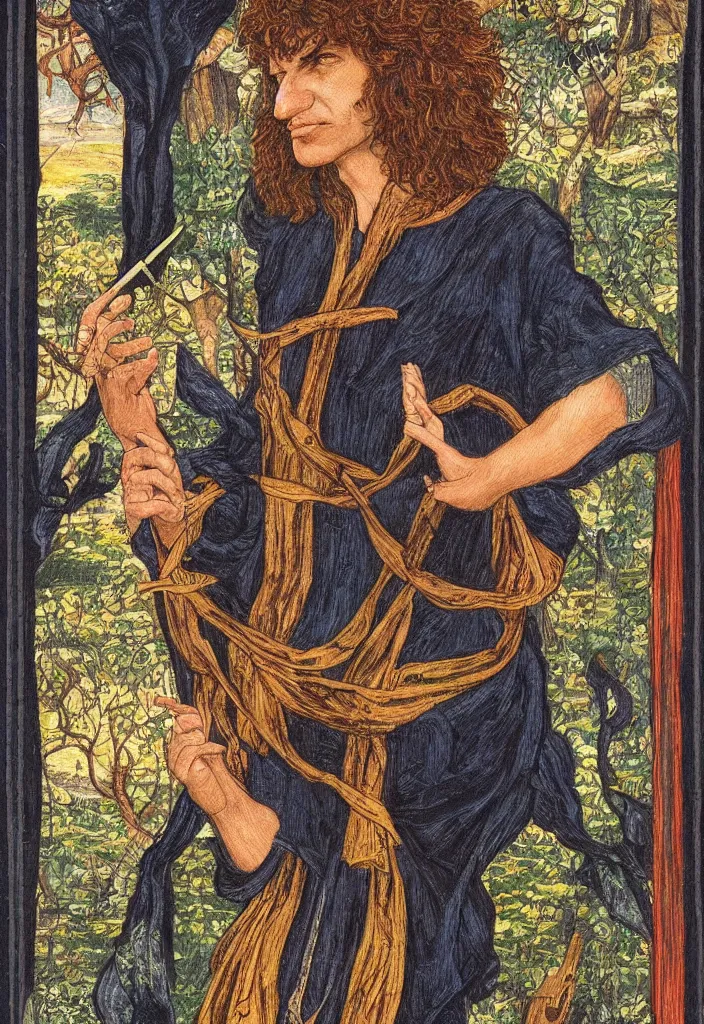 Image similar to Yoshua Bengio on the Tarot card. Illustration by preraphaelists
