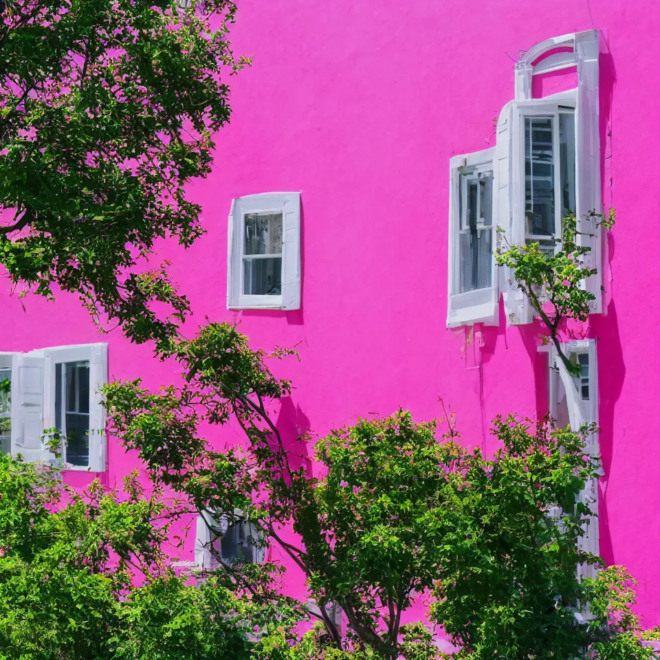 Image similar to Photograph of a magenta pink house, sunny weather