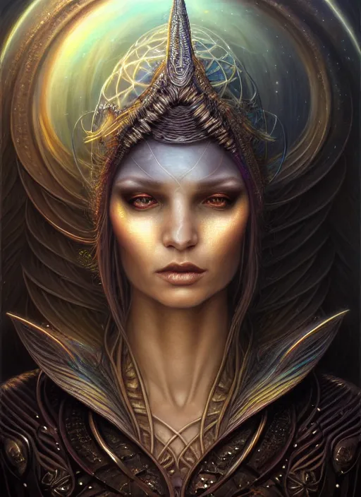 Image similar to closeup portrait shot of a cosmic sorceress in a scenic dystopian environment, intricate, elegant, highly detailed, centered, digital painting, artstation, concept art, smooth, sharp focus, illustration, artgerm, tomasz alen kopera, peter mohrbacher, donato giancola, joseph christian leyendecker, wlop, boris vallejo