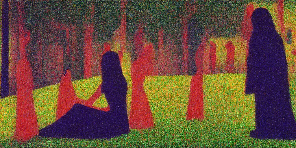 Prompt: a film still of suspiria by dario argento 1 9 7 7 movie, painted by georges seurat, impressionism, pointillism, high quality, detailed, print!, poster,