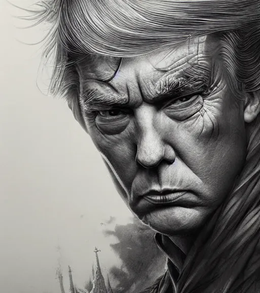 Image similar to trump, beautiful piercing eyes, realistic face, black and white drawing, in the style of greg rutkowski, fantasy, amazing detail, epic, intricate, elegant, smooth, sharp focus