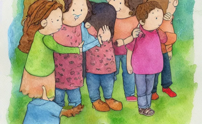 Image similar to children book illustration, A voice that flutters like a soft blanket around the four of them, water color