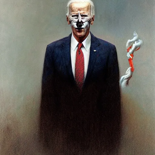 Image similar to presidential portrait of joe biden with smoking eyes and mouth as slenderman, by beksinski, jon mcnaughton, and stephen gammell