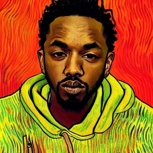 Prompt: portrait of rapper kendrick lamar in a yeezy sweatshirt in the style of vincent van gogh, colorful, artistic, vibrant, high fashion, art