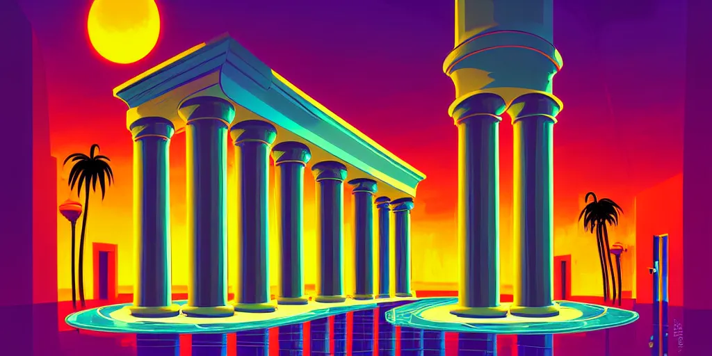 Prompt: curled perspective digital art of medium plane casino door with marble columns and palmtrees by anton fadeev from nightmare before christmas