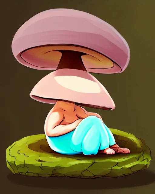 Prompt: digital illustration of a cute mushroom creature, thicc, sitting on a rock in a forest, | | epic - fine - clean, polished, trending on artstation, anime style, brush strokes