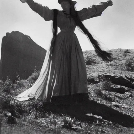 Prompt: photo, a woman wearing a giant wide flowy sheet with a still frame from a vintage western cowboy movie on it, standing inside a dark western rocky scenic landscape, volumetric lighting