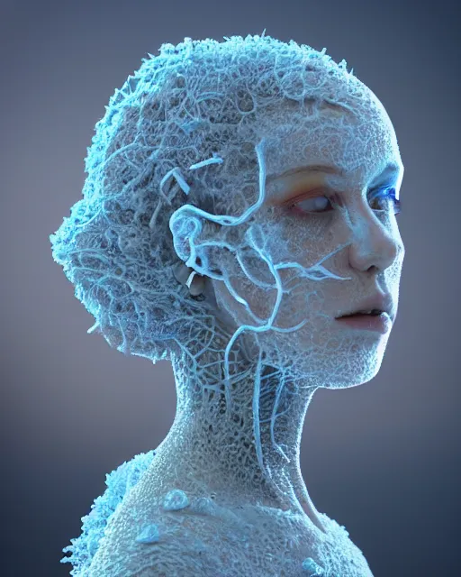 Prompt: natural light, soft focus photo of petri dish with a bacteriological culture and mold with little filaments under the microscope, octane render, tilt shift, polaeized light, blue bioluminescent plastics, smooth shiny metal, elaborate ornate head piece, piercings, skin textures, by annie leibovitz, paul lehr