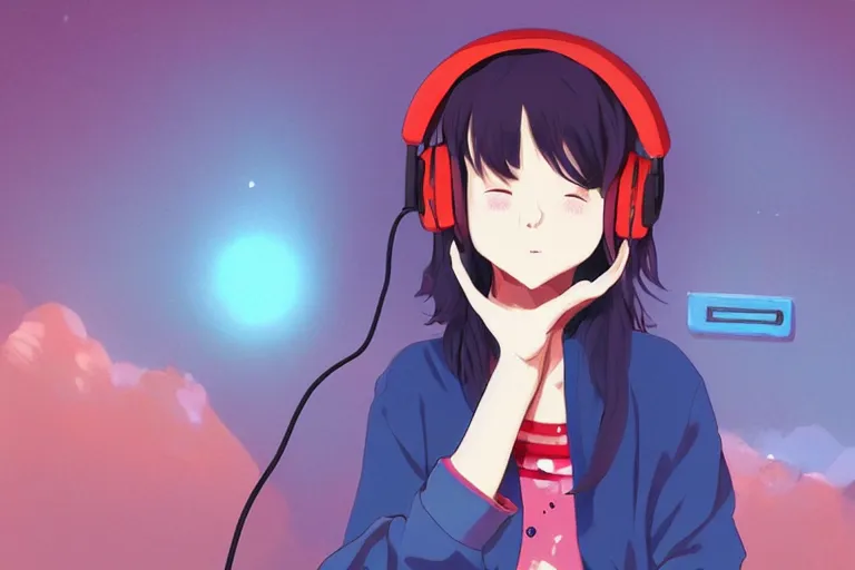 weak-caribou574: a girl [anime-style] using headphones, listenning lo-fi  music, picture for profile.