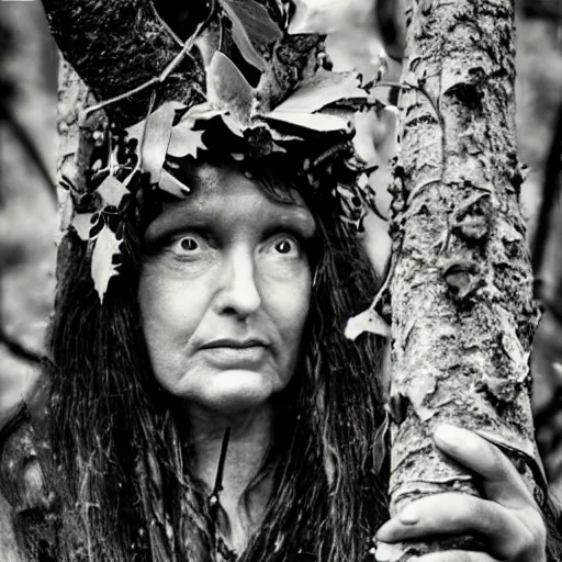 Prompt: deep gnome druid with leather clothing and leaves and sticks in her hair, photo by annie leibovitz b&w