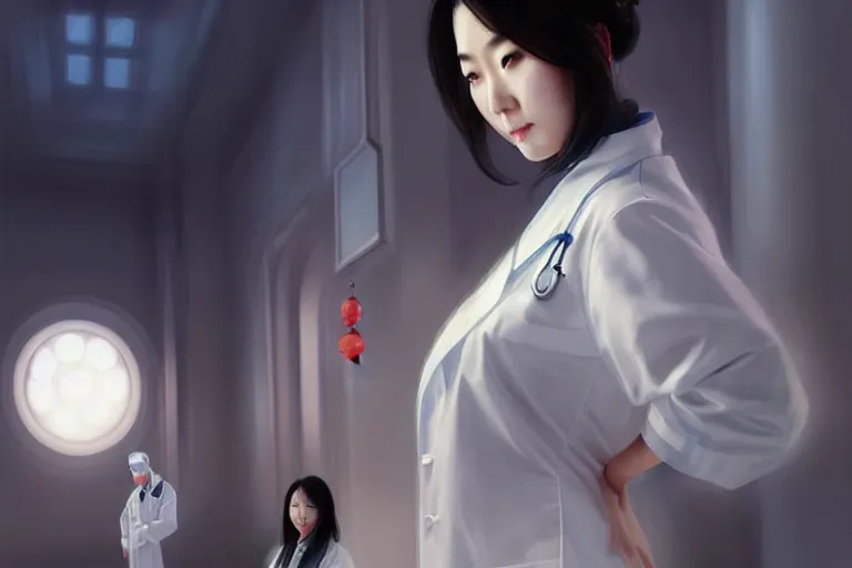 Image similar to an elegant and beautiful chinese female doctor in a white coat in a hospital ward, cinematic, highly detailed, digital painting, artstation, concept art, matte, sharp focus, illustration, art by artgerm and greg rutkowski