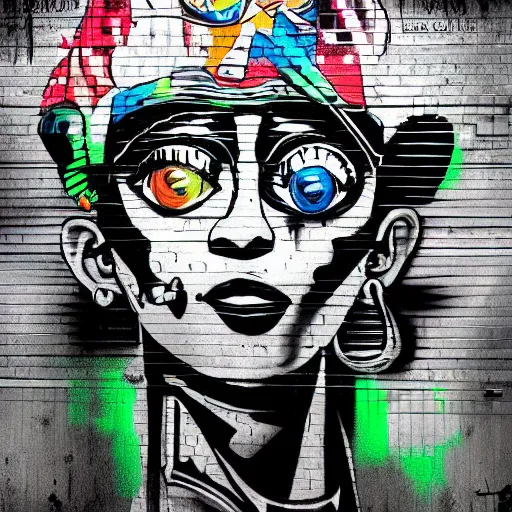 Image similar to chappie colorful graffiti, black and white zef design graffiti on the wall, dark lighting, digital art