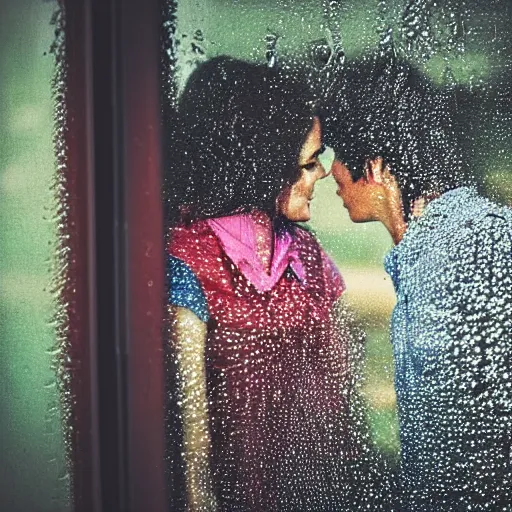 Image similar to close up through steamy window highschool kids making out in a car at night, raining!!! steamy windows!!, colorful!!, nighttime!!