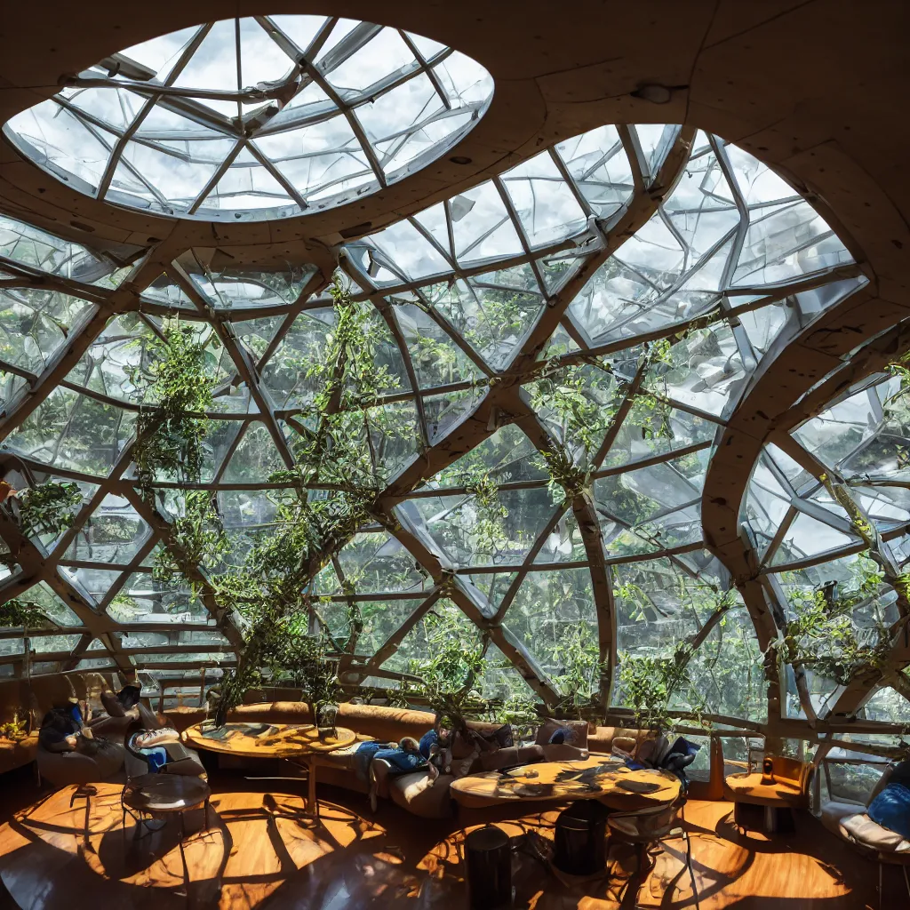 Image similar to inside luxurious earthship with futuristic sunken lounge and indoor garden with circular skylights, dining hall and recreation space, XF IQ4, 150MP, 50mm, F1.4, ISO 200, 1/160s, dawn