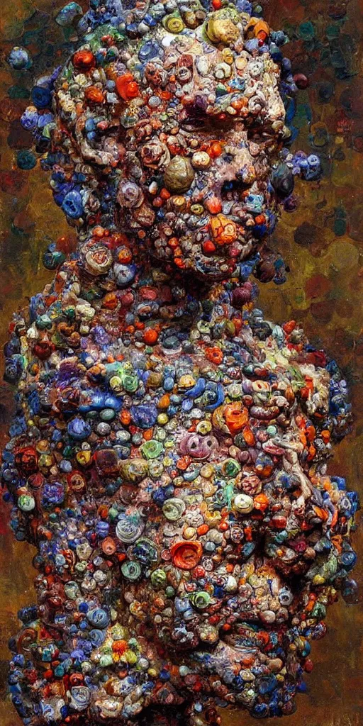 Image similar to a sculpture portrait made of bacteria and virus and molecules and atoms, painting part by wojciech siudmak, part by ilya repin, part by max ernst, part by norman rockwell, artstation