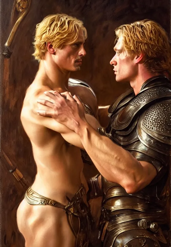 Image similar to attractive handsome muscly jaime lannister confesses his love for attractive fully armored brienne of tarth. highly detailed painting by gaston bussiere and j. c. leyendecker 8 k