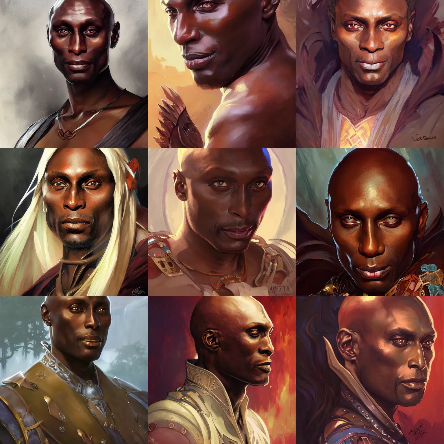 Prompt: lance reddick, warrior, art by artgerm and greg rutkowski and alphonse mucha, headshot, painted fantasy character portrait, D&D, highly detailed, digital painting, artstation, sharp focus