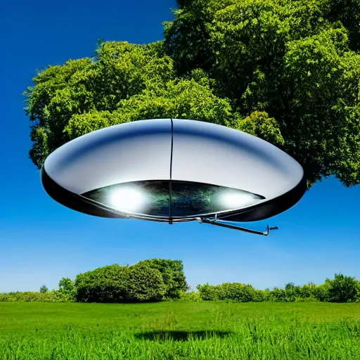 Prompt: a realistic chrome ufo landed on a field, green hills, summer day, beautiful, blue skies