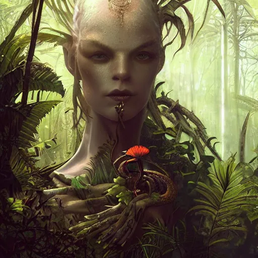 Prompt: a hyperrealistic illustration of a dark monster in a jungle, Jungle with fractal sunlight, award-winning, masterpiece, in the style of Tom Bagshaw, Cedric Peyravernay, Peter Mohrbacher