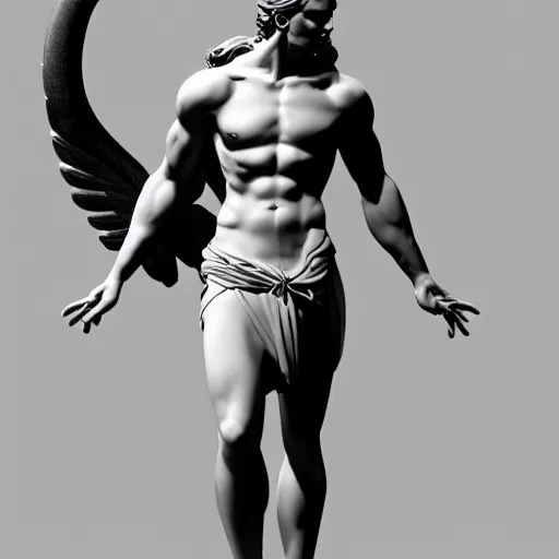 Prompt: Hermes, greek god, black and white, digital painting, Chiaroscuro, illustration, highly detailed, facing away, artstation, octane render, concept art, matte, sharp focus