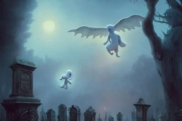 Image similar to casper the friendly ghost flying over a graveyard at midnight, playing with his weird looking ghost friends, cinestill, painted by james jean and gaston bussiere, very detailed and cute and cozy and transparent, backlight, fog, mist, trending on artstation