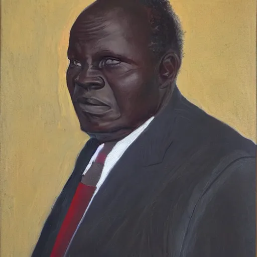 Image similar to a painting of a fatherly, aquiline nose, wide forehead, round face, XXL , loving, caring, generous, ever-present, humble, wise elder from Kenya with a friendly expression in a suit by Lynette Yiadom-Boakye . Fatherly/daddy, focused, loving, leader, relaxed,. ethereal lights, details, smooth, sharp focus, illustration, realistic, cinematic, artstation, award winning, rgb , unreal engine, octane render, cinematic light, macro, depth of field, blur, red light and clouds from the back, highly detailed epic cinematic concept art CG render made in Maya, Blender and Photoshop, octane render, excellent composition, dynamic dramatic cinematic lighting, aesthetic, very inspirational, arthouse.