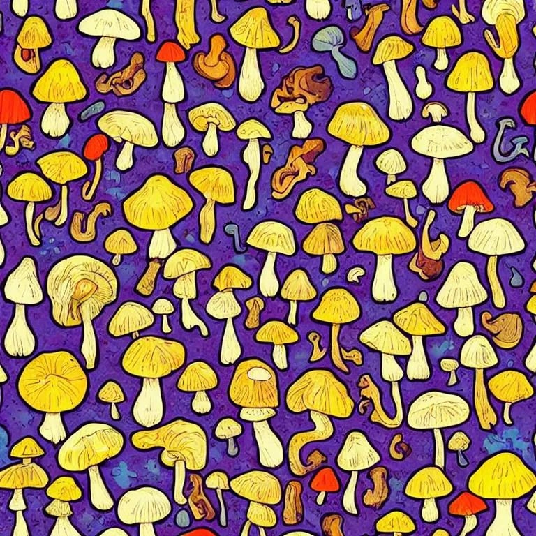 Prompt: a bunch of mushrooms that are on the ground, a jigsaw puzzle by ursula wood, pinterest contest winner, ecological art, psychedelic, colorful, i can't believe how beautiful this is, seamless pattern, tiling texture