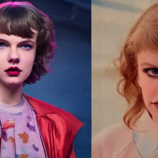 Image similar to still from Stranger Things season 6 - Taylor Swift in makeup evil queen Brunhilda