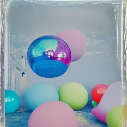 Image similar to a pastel colour high fidelity Polaroid art photo from a whimsical holiday album at a seaside with abstract inflatable parachute furniture ((and some spheres)), all objects made of transparent iridescent Perspex and metallic silver, no people, iridescence, nostalgic