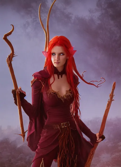 Image similar to photography of beautiful elf witch red hair, holding a magic staff, d & d fantasy character, detailed matte painting, studio lighting, octane render, larry elmore michael whelan artstation