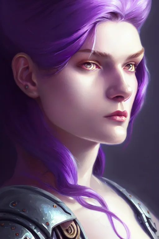 Image similar to alexey gurylev, close up portrait, pale woman in power armor with purple hair, mysterious, deep focus, d & d, fantasy, complex, elegant, highly detailed, digital painting, artstation, concept art, matte, clear focus, illustration, hearthstone, artgerm art, greg rutkovsky and alphonse mucha