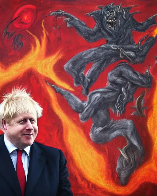 Image similar to dark fantasy painting of uk politician former prime minister boris johnson wearing a suit of red dancing smiling in the fiery pits of hell, smiling and having fun with demons, satanic imagery, pagan, satanic symbolism, 4 k detail