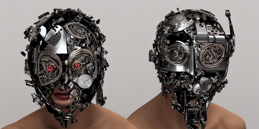 Prompt: a beautiful cyborg made of ceremonial time maske