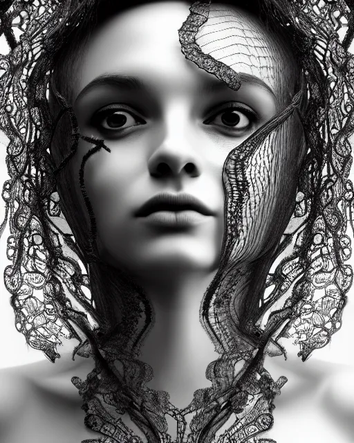 Image similar to surreal mythical dreamy artistic black and white fine art photo of a beautiful young female queen - medusa - cyborg covered with lace fish scales and translucent algae, highly detailed, intricate crystal ivy lace jelly fish scales ornate, poetic, octane render, 8 k, photo - realistic