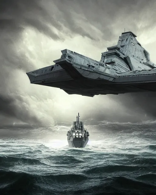 Image similar to scifi action scene of a fishing boat on stormy seas, a terrifying gigantic star destroyer spaceship flying overhead, the gigantic star destroyer spaceship is emerging from storm clouds, sunset lighting, stormy weather, dramatic lighting, unreal engine, hyper realism, realistic shading, cinematic composition, realistic render, octane render, detailed textures, photorealistic, ultrawide shot, 1 6 mm lens