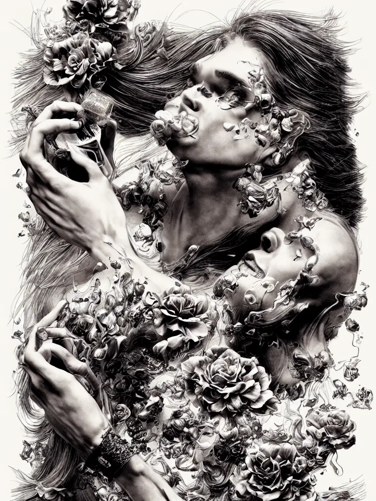 Image similar to fragrance advertising campaign by bernie wrightson, highly detailed