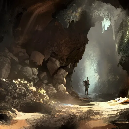 Prompt: digital art of an entrance to a cave, artstation, tomb raider