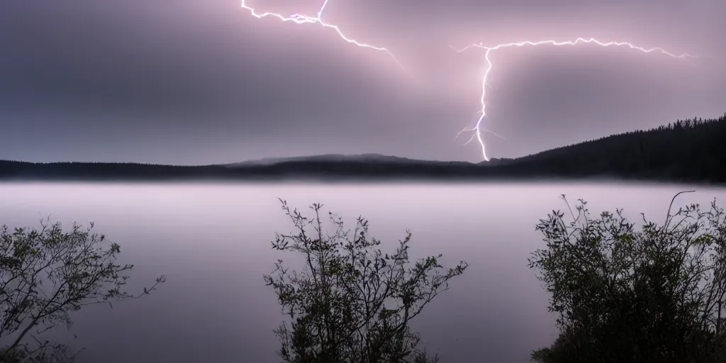 Image similar to empty lake at night, there is fog glazing over the water. it is raining, with lightning strikes.