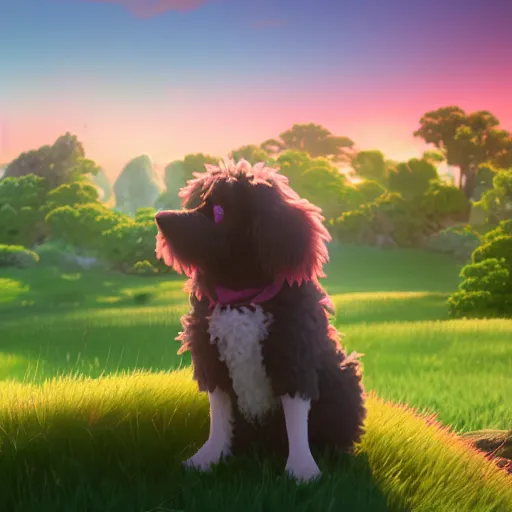 Image similar to a wholesome animation key shot of a bernedoodle on a hill, fluffy pink anime clouds, studio ghibli, pixar animation, sharp, rendered in unreal engine 5, anime key art, bloom, dramatic lighting