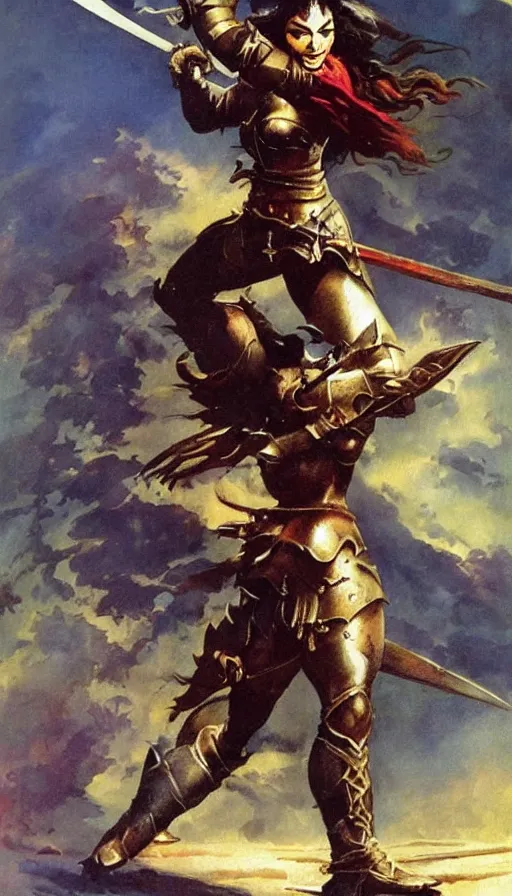 Image similar to fantasy painting by Frank Frazetta portraying a female knight in armor,wielding a sword,high quality,beautiful,detailed