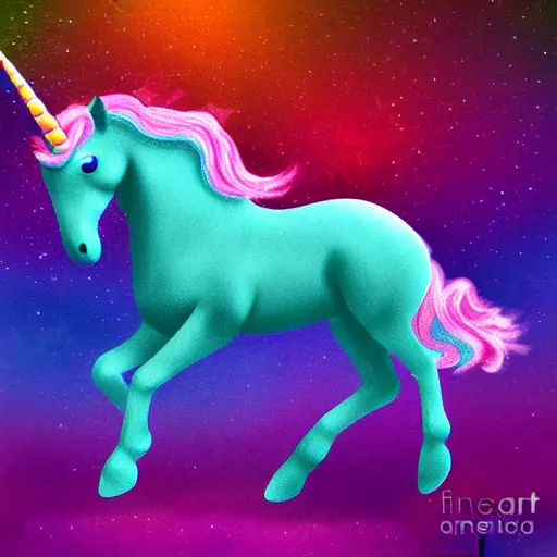 Image similar to a unicorn with fairy wings walking on the moon, colorful digital art
