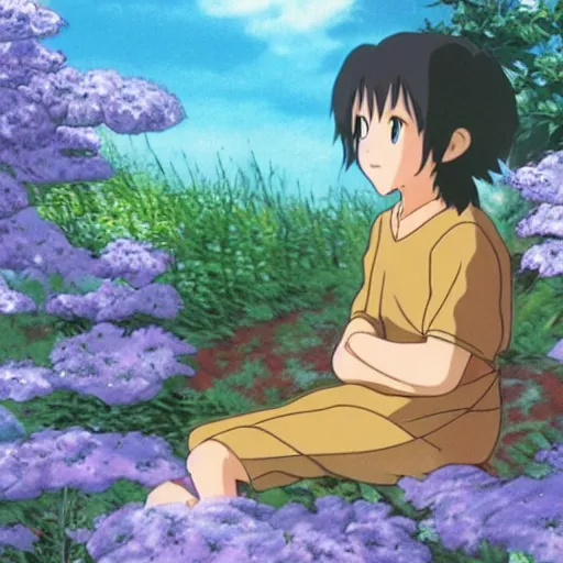 Image similar to creature sitting at the flower made by studio ghibli, detail, high quality, detailed creature, beautiful scene, smooth