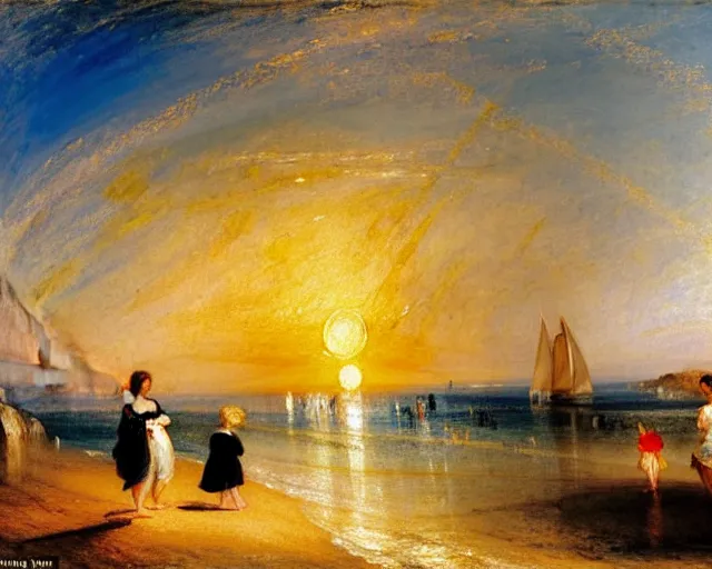 Image similar to a couple and a girl toddler on a beach in sardinia looking at the sunset, there is a sailing boat on the horizon, the woman has long dark hair, white sand, blue sky, summer, white and blue, painting by j. m. w. turner in 2 0 2 2