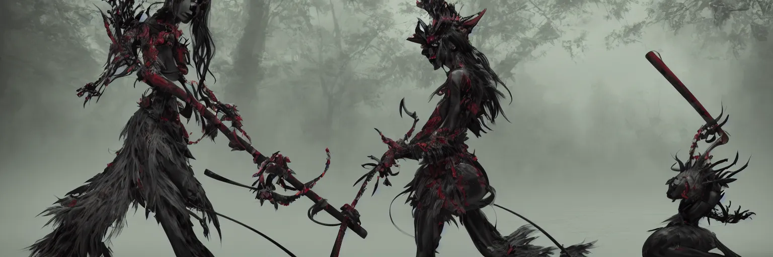 Image similar to a beautiful 3 d render of a giesha demon wearing a kimono + holding a samurai sword, innovative avant - garde art, deco fashion, photorealistic + in a serene forest setting!!!!!!!, concept art, award winning, 4 k, rule of thirds, volumetric lighting, hyper detailed, confident, moody, dramatic, octane render