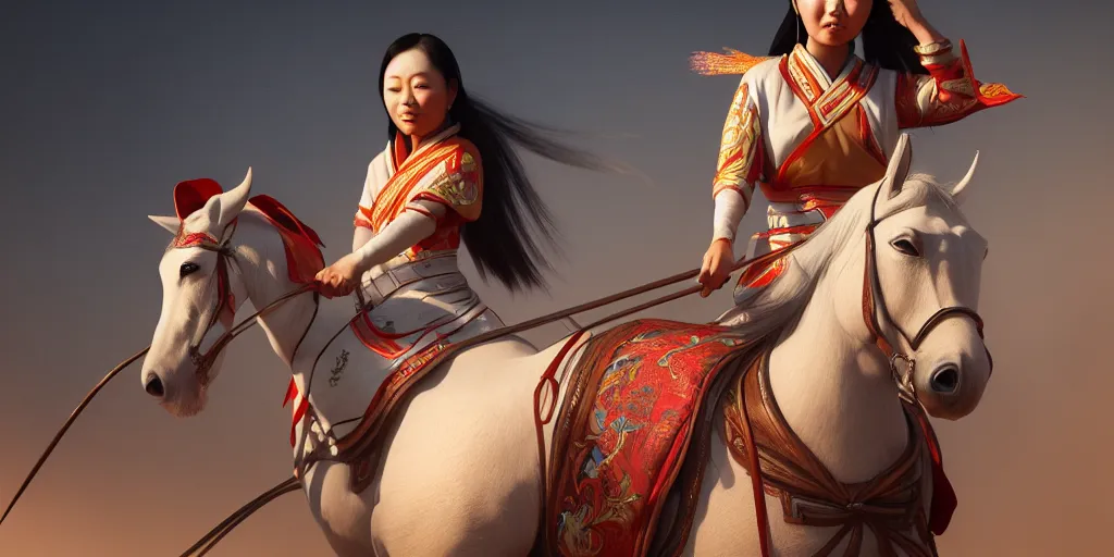 Image similar to painting of asian lady on horseback, hyper - realistic, unreal engine, octane render, digital art, trending on artstation, 8 k, detailed, atmospheric, immaculate