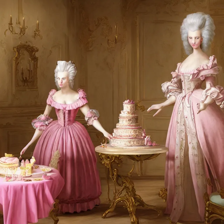 Image similar to Marie Antoinette cutting a pink cake. Baroque painting, trending on artstation, 50mm, photo realistic, highly detailed, ultra realistic, octane render