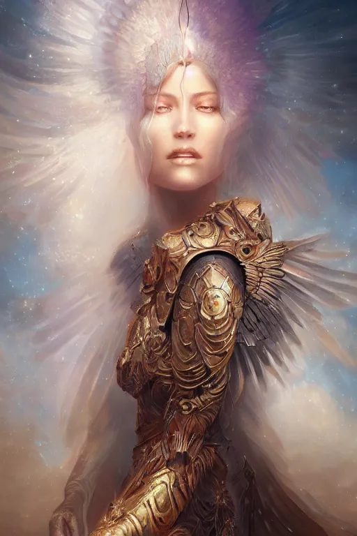 Image similar to A beautiful digital painting of a female Seraphim, intricate, cinematic lighting, cosmic background, highly detailed, digital painting, Artstation, concept art, smooth, sharp focus, illustration, art by Tom Bagshaw, Artgerm and Greg Rutkowski